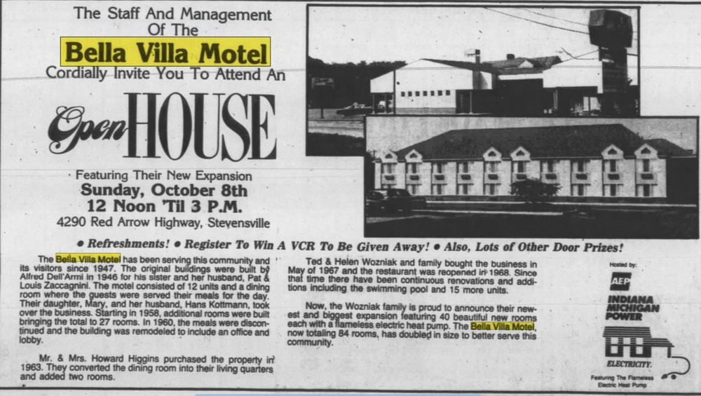 Bella-Villa Motel and Restaurant (Bella Villa Motel, Super 8 by Wyndham, Park Inn) - Oct 1989 Ad